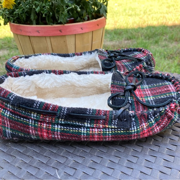 Minnetonka red plaid Lodge Trapper fur lined women's slippers size 8W holiday - Picture 2 of 7